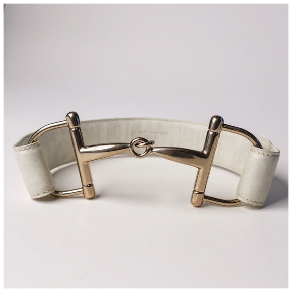 Gucci Vintage White Horsebit Leather Belt w/ Silver Interlocking Buckle 30”x1.5” - Picture 3 of 8